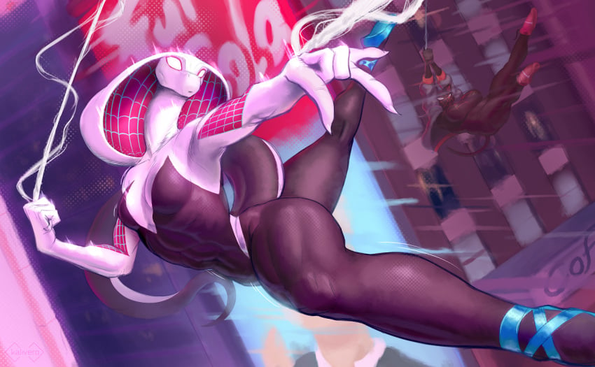 2girls anthro breasts clothed clothing domestic_cat duo felid feline felis female female_focus female_only fully_clothed furry furry_female gwen_stacy kalivero mammal marvel miles_morales reptile scalie snake spider-gwen spider-man_(series) superhero tagme