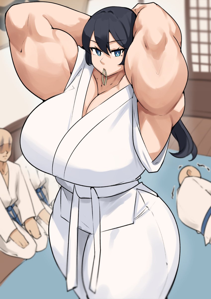 arms_up biceps big_breasts curvy dojo fixing_hair gi huge_breasts karate_gi musctonk muscular muscular_arms muscular_female original pale-skinned_female pale_skin ponytail