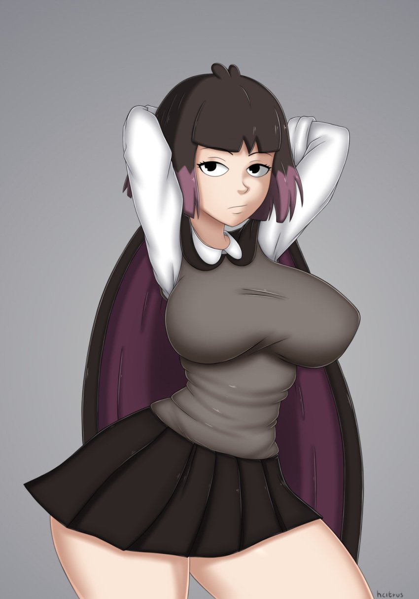 ass big_ass big_breasts black_cape black_eyes black_hair black_skirt breasts grey_vest hcitrus hilda_(series) huge_ass huge_breasts kaisa_(hilda) large_ass large_breasts looking_at_viewer nipples nipples_visible_through_clothing pale-skinned_female pale_skin purple_cape purple_hair shirt short_hair skirt thighs tight_clothes tight_clothing tight_shirt two_tone_cape two_tone_hair vest white_shirt wide_hips