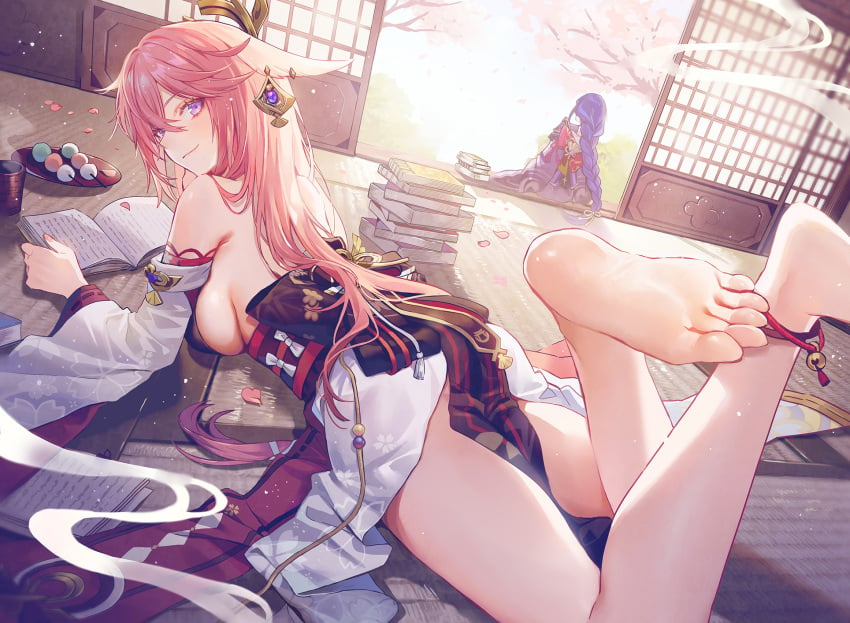 2girls animal_ears bare_shoulders barefoot book braid braided_ponytail breasts cherry_blossoms commentary_request dango detached_sleeves earrings feet food foot_fetish foreshortening fox_ears genshin_impact hair_between_eyes hair_ornament highres japanese_clothes jewelry kimono legs lino_chang long_hair long_sleeves looking_at_viewer looking_back looking_back_at_viewer lying medium_breasts multiple_girls nontraditional_miko on_stomach open_book pink_hair purple_eyes purple_hair purple_kimono raiden_shogun sideboob sidelocks smile soles thighs toes very_long_hair wagashi yae_miko