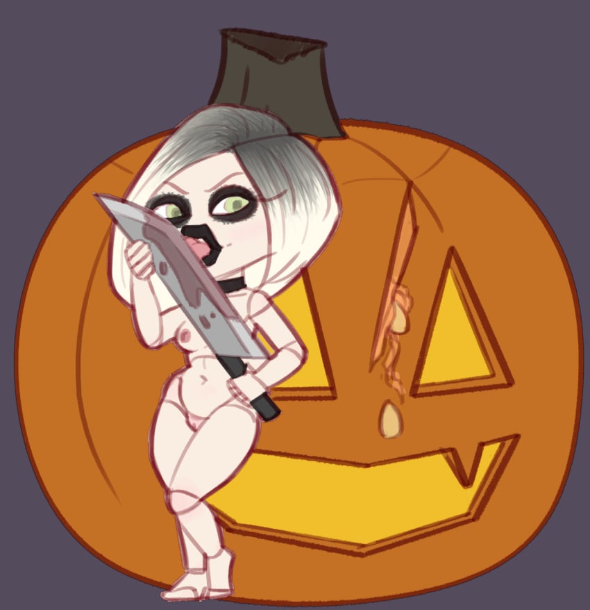 bloody_knife bride_of_chucky child's_play halloween_decoration knife licking living_doll living_sex_toy mechamonkeyz mechamonkeyz_(artist) naked_female nightmare_waifu nipples pumpkin thick_thighs tiffany_valentine-ray white_eyes white_hair