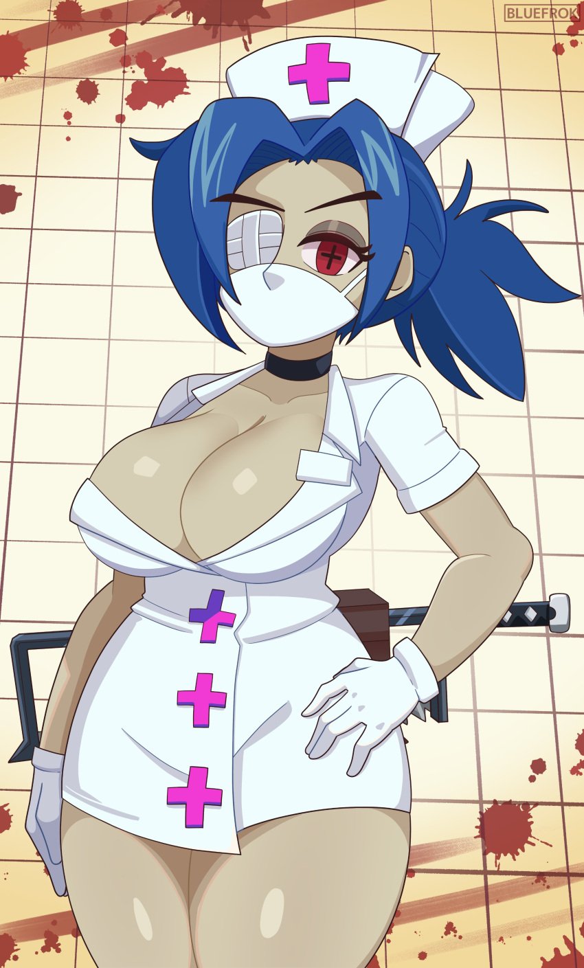 1female 1girl 1girls bandage big_breasts blue_hair bluefrok bursting_breasts choker cleavage curvy face_mask female female_human female_only huge_breasts human lab_zero_games mask nurse nurse_cap nurse_uniform ponytail red_eyes skullgirls valentine_(skullgirls) wide_hips