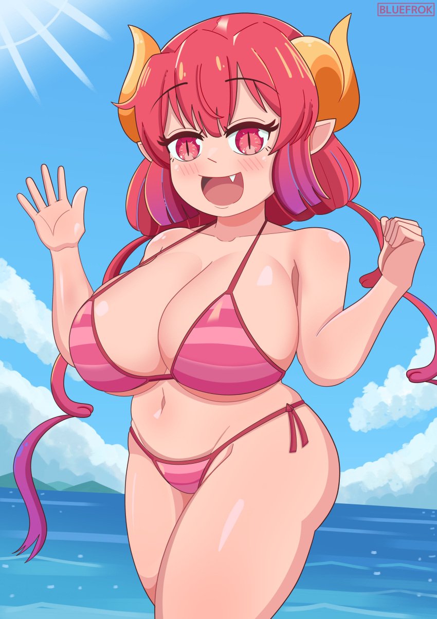 1girls 2020s 2023 beach big_breasts bikini bikini_bottom bikini_top blue_sky bluefrok cleavage clouds color colored curvaceous curves curvy curvy_body curvy_female curvy_figure dragon_girl dragon_horns eyebrows_visible_through_hair female female_focus female_only hands-free horns huge_breasts humanoid ilulu_(dragon_maid) long_hair miss_kobayashi's_dragon_maid outdoors outside red_eyes red_hair red_highlights sand shiny_skin slight_blush slightly_chubby slightly_chubby_female smile smiling_at_viewer smooth_skin sunny thick_thighs thighs thin_eyebrows two_tone_hair vertical_pupils voluptuous voluptuous_female water watermark waves