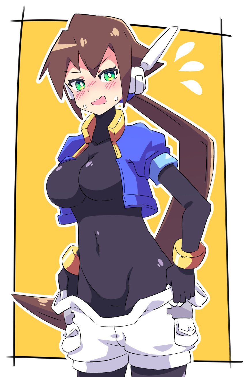 1girls aile blush bodysuit brown_hair buzzlyears mega_man mega_man_zx_advent navel ponytail skin_tight