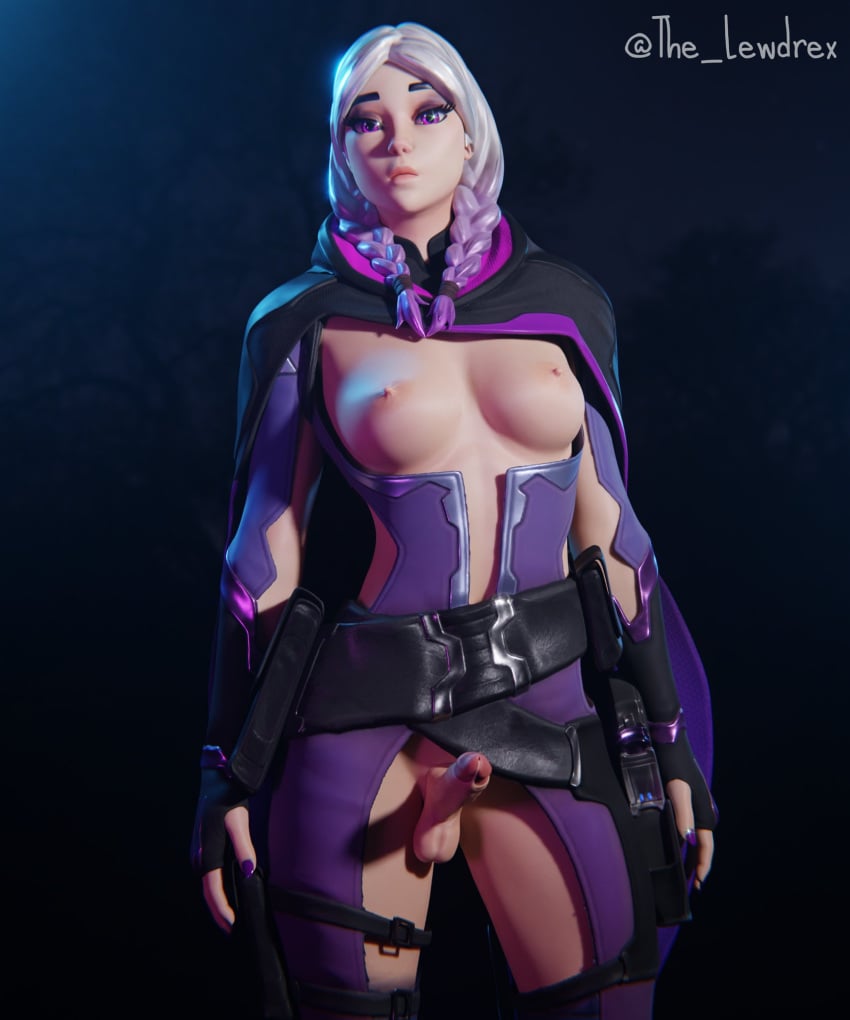 1futa 3d alternate_version_available areolae balls blender bottomwear breasts breasts_out cape clothed clothing epic_games erect_nipples erection female female_focus female_only fortnite futa_only futanari highres lewdrex light-skinned_female light-skinned_futanari light_skin medium_breasts multicolored_hair nipples no_panties penis pose posing presenting presenting_breasts purple_eyes simple_background solo solo_focus topwear torin_(fortnite) twintails two_tone_hair watermark