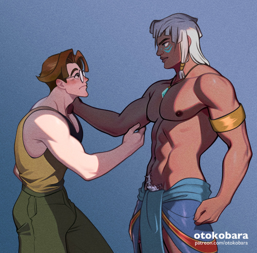 2boys abs artist_name athletic athletic_male atlantis:_the_lost_empire bara body_paint bodypaint brown_hair bulge disney face_paint facepaint fit fit_male gay gold_(metal) height_difference highres jewelry kida large_pectorals lean_muscle looking_at_partner male male_focus male_only melanin milo_thatch muscular muscular_male navel otokobara outdoors outside patreon patreon_username pecs pectorals penis_bulge pubic_hair rule_63 shirt short_hair simple_background size_difference sweat tank_top tattoos thick_thighs thighs toned toned_male white_background white_hair white_pubic_hair yaoi