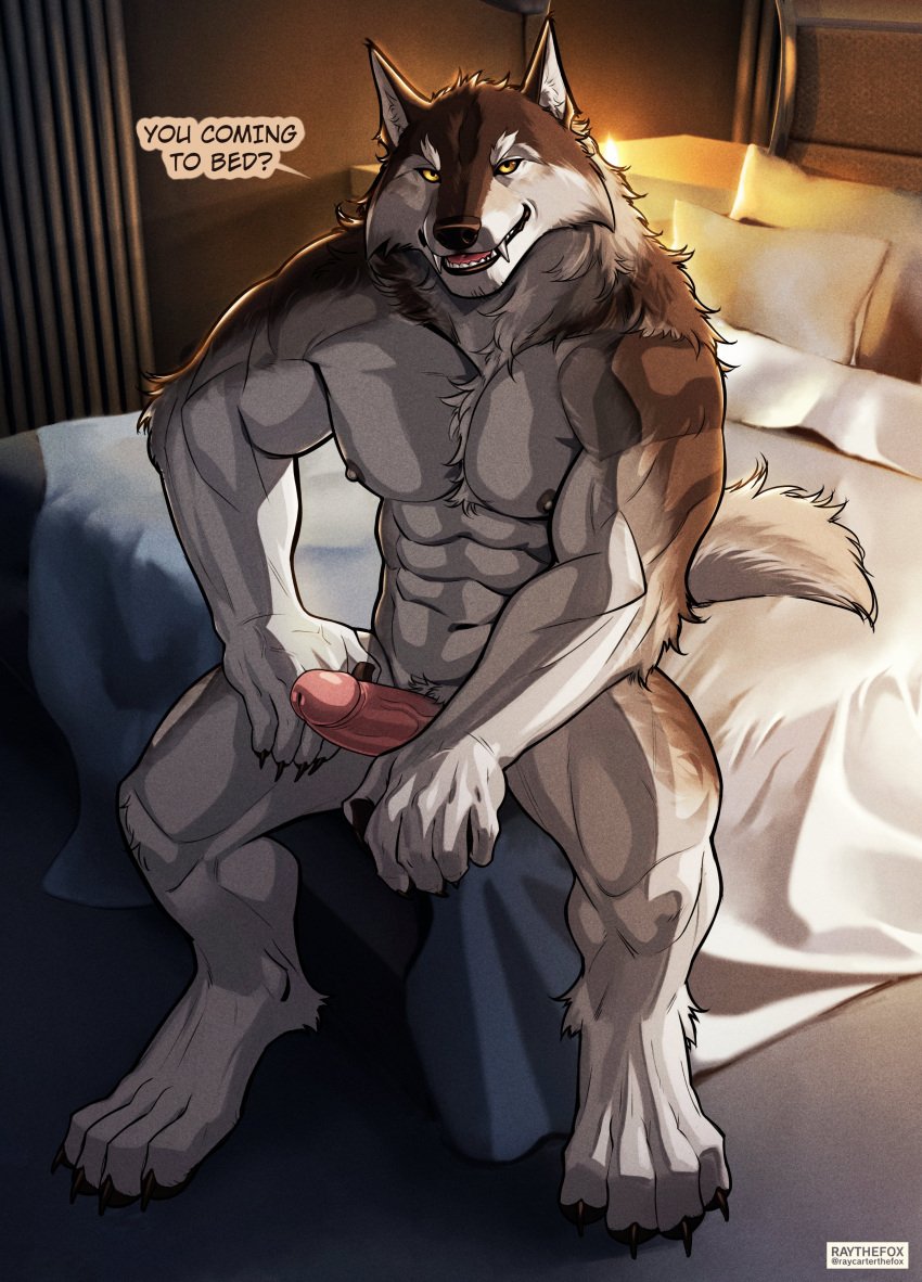 2023 abs absurd_res amber_eyes anthro areola bed bedding biceps biped blanket brown_body brown_fur canid canine canis chest_tuft dialogue digital_media_(artwork) digitigrade english_text erection eyebrows foreskin fur furniture genitals glans hi_res humanoid_genitalia humanoid_penis inside looking_at_viewer male mammal muscular muscular_anthro muscular_male muscular_thighs nipples nude on_bed open_mouth pecs penis pillow quads raythefox retracted_foreskin sitting solo tail talking_to_viewer teeth text thick_thighs tongue tuft white_body white_fur wolf