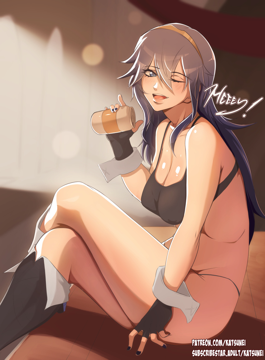 1girls ;d bare_thighs black_panties blue_eyes blue_hair blue_nails boots bra breasts canned_drink cleavage crossed_legs drink drinking english_text female female_only fingerless_gloves fire_emblem fire_emblem_awakening gloves greeting katsunei long_hair looking_at_viewer lucina_(fire_emblem) medium_breasts nintendo one_eye_closed panties smile solo sports_bra text thighs tiara underwear wink