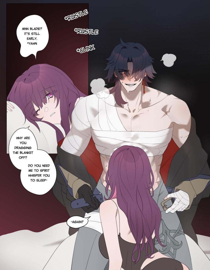 1boy 1girls awake bandage black_hair blade_(honkai:_star_rail) grinning grinning_at_partner honkai:_star_rail imminent_sex kafka_(honkai:_star_rail) muscular muscular_male night purple_hair sgrimp smile smirk unbuckled_belt underwear undressing undressing_self woken_up