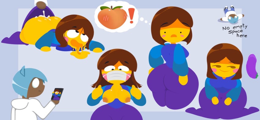 1girls ass ass_up big_ass blue_shirt blush blush_stickers bottom_heavy bouncing_ass bouncing_breasts breasts brown_hair brown_hair_emoji christian_drawn clothing eggplant eggplant_emoji emoji emoji_(race) face_down_ass_up female good_art heart huge_ass mob_face no_outlines pants pants_down purple_pants simple_background yellow_body yellow_skin