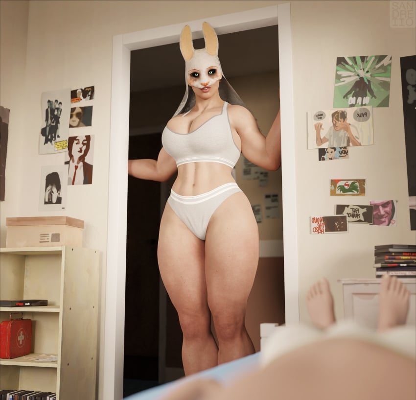 3d bed bedroom bulge calvin_klein dbd dead_by_daylight female glowing_eyes huntress_(dead_by_daylight) large_breasts larger_female looking_at_viewer male mask muscular muscular_female pov sandreiio tagme thick_thighs underwear voluptuous