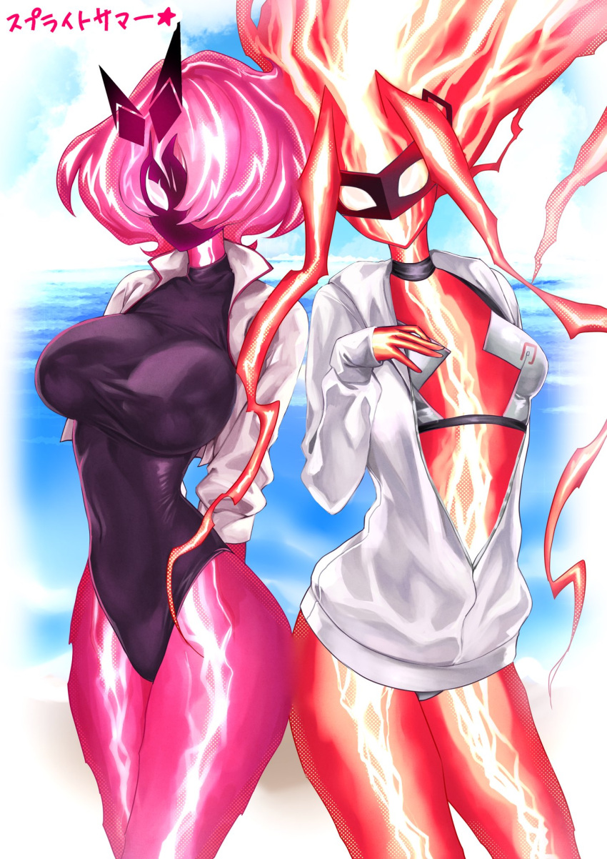 2girls beach big_breasts bikini black_accessory black_choker black_clothing black_leotard breasts choker electric electricity enmoenmo facemask female leotard lightning mask monster_girl non-human one-piece_swimsuit pink_body red_body spright_carrot spright_elf swimsuit thighs thin_waist white_clothing wide_hips yu-gi-oh!