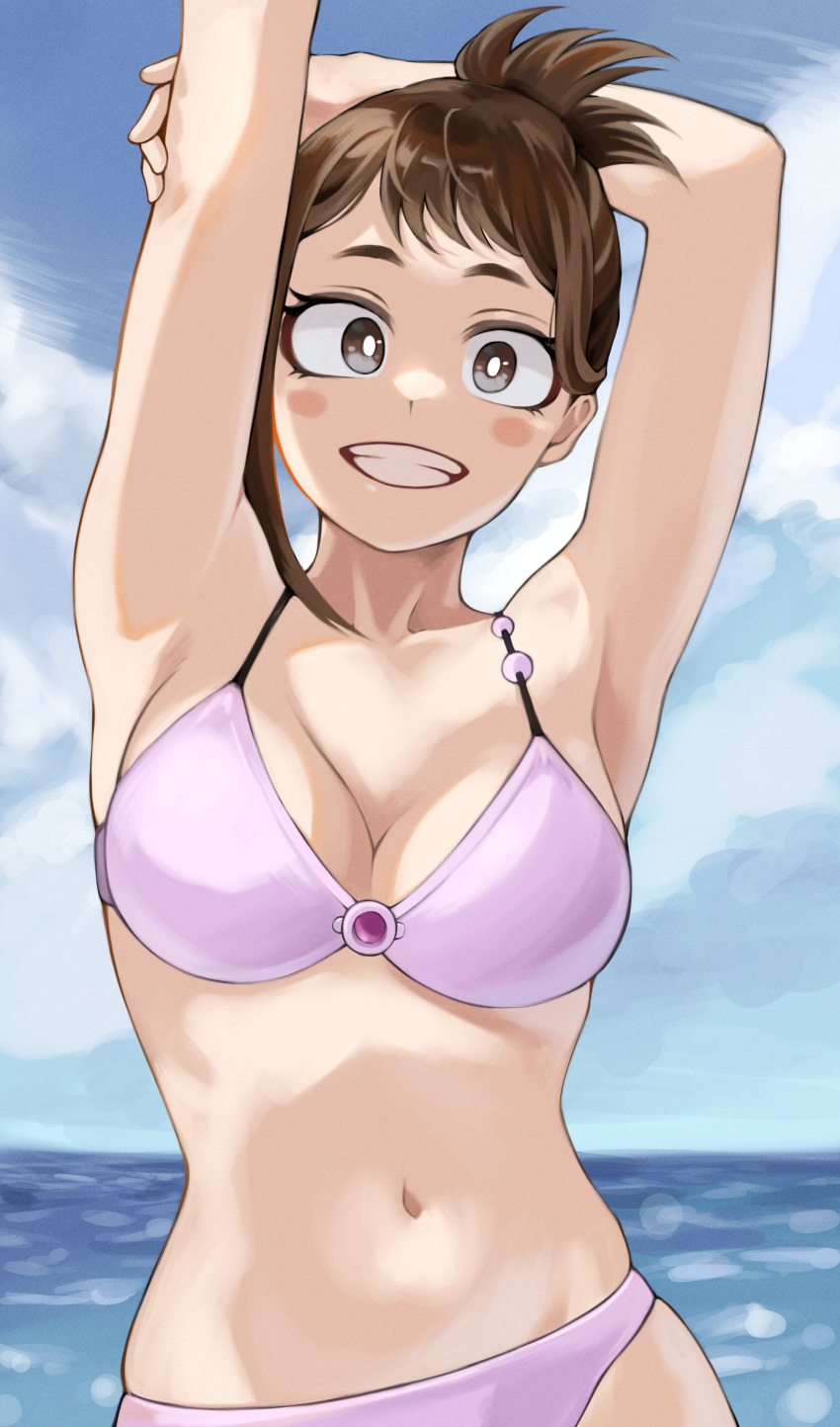 1girls beach bikini fengling_(furin-jp) looking_at_viewer my_hero_academia navel ochako_uraraka smile swimsuit