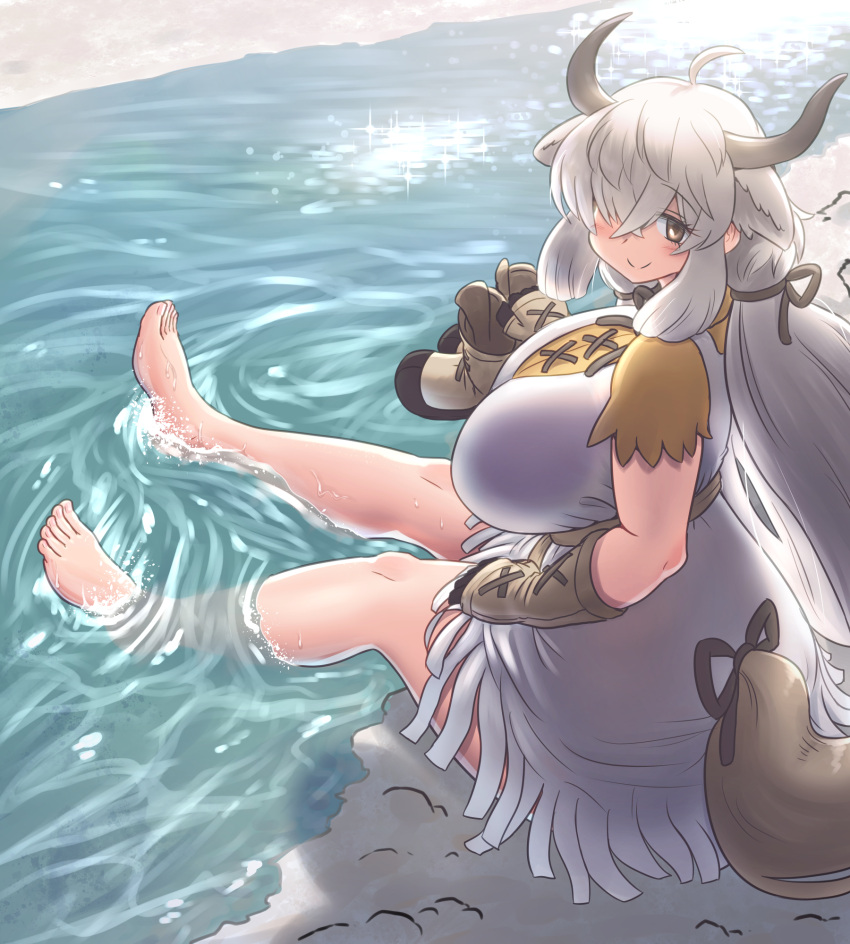 1girls big_breasts breasts dress feet hair_over_one_eye horn huge_breasts kemono_friends looking_at_viewer mo23 water yak_(kemono_friends)