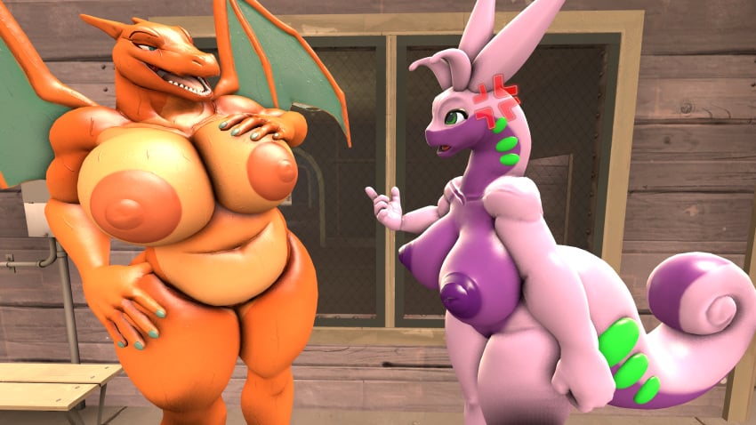 3d_(artwork) angry anthro argue bbw belly big_breasts big_nipples breasts charizard chunky cross-popping_vein digital_media_(artwork) duo female female/female generation_1_pokemon generation_6_pokemon goodra hi_res humanoid lizardon mature_female nintendo nipples nude numelgon pokémon_(species) pokemon pokemon_(species) source_filmmaker valve wolfyxcharged00