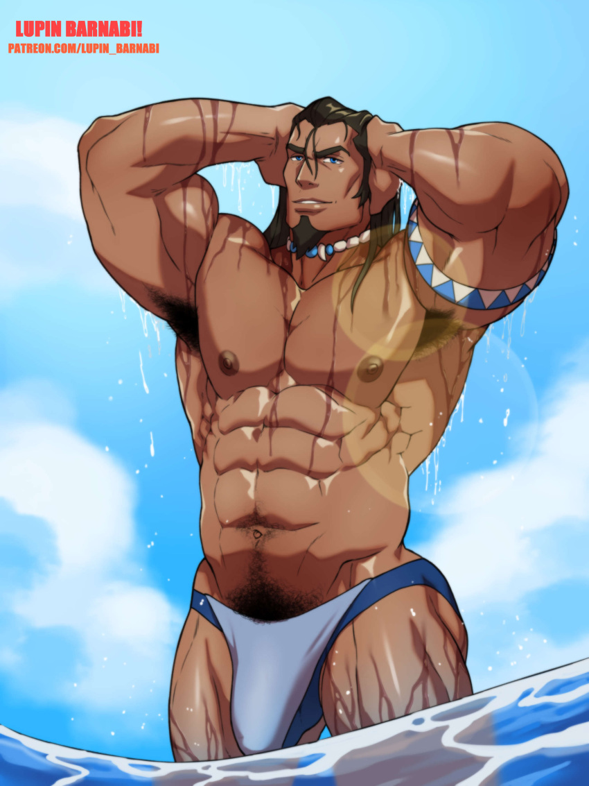 1boy abs armpit_hair avatar_legends bara beard bicep_bracelet dark-skinned_male dark_hair lupin_barnabi male male_nipples male_only muscular_arms muscular_male pubic_hair solo speedo standing_in_water the_legend_of_korra tonraq wet_skin