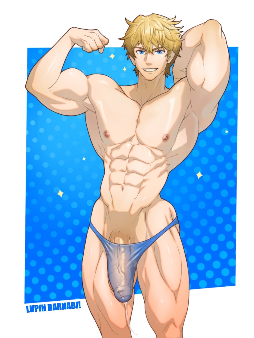 1boy abs armpits bara big_penis blonde_hair blue_eyes bulge bulge_through_clothing flaccid flaccid_penis flexing_bicep g-string gay gepard_(honkai:_star_rail) honkai:_star_rail lupin_barnabi male male_nipples male_only muscular_arms muscular_male muscular_thighs precum precum_drip precum_through_clothing precum_through_swimwear showing_armpit small_waist smiling smiling_at_viewer solo uncut v-line veins veiny_penis wet_g-string