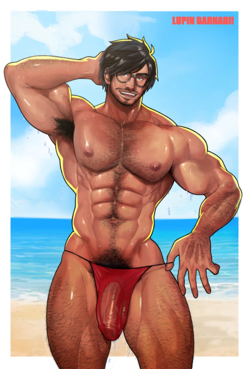 1boy abs arm_hair arm_up armpit_hair bara beach beard big_bulge black_hair body_hair bulge chest_hair dark_hair facial_hair final_fantasy final_fantasy_xiv flaccid g-string gay glasses hairy hairy_armpits hairy_arms hairy_chest hairy_male hairy_thighs hand_behind_head human human_only leg_hair lupin_barnabi male male_focus male_nipples male_only moustache muscular muscular_arms muscular_legs muscular_male muscular_thighs nipples pecs pectorals penis penis_in_thong pubic_hair red_swimwear red_thong six_pack smiling solo solo_focus solo_male swimwear swimwear_only thong thong_only toned toned_body toned_male wet_body wet_g-string wet_skin