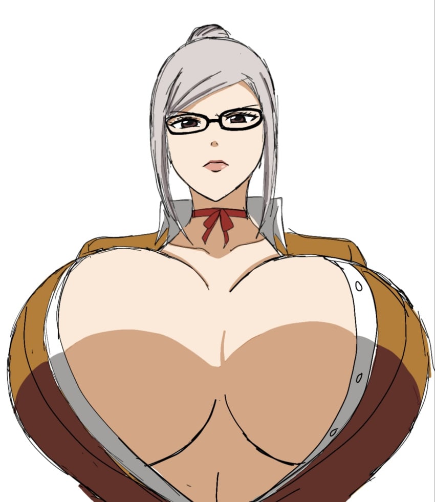 1female 1girls big_breasts black_eyebrows brown_clothing bursting_breasts cleavage female frown frowning gigantic_breasts glasses hairbun huge_breasts looking_at_viewer looking_down looking_down_at_viewer massive_breasts momiji_(artist) overflowing_breasts plump_breasts plump_lips prison_school red_ribbon round_breasts shiraki_meiko simple_background twitter_link unbuttoned_shirt white_background white_hair