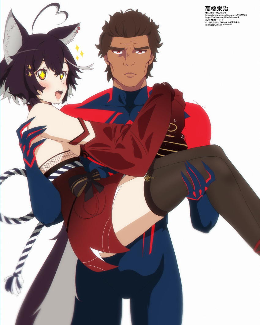 1boy 1girl ahoge animal_ears bare_shoulders black_hair black_legwear blush breasts brown_hair carrying cat_ears dark_skin detached_sleeves disinterested elbow_gloves female funny gloves hair_ornament heart japanese_clothes marvel meme miguel_o'hara momotexx_(vtuber) open_mouth princess_carry red_eyes short_hair spider-man:_across_the_spider-verse striped tail thighhighs uninterested virtual_youtuber vtuber vyugen wolf_ears wolf_girl wolf_tail yellow_eyes