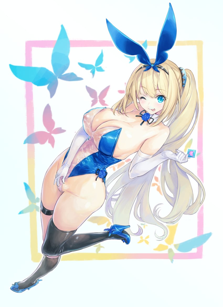 absurdres animal_ears black_socks blonde_hair blue_eyes blue_footwear breasts bunny_ears bunnysuit cleavage elbow_gloves female female_masturbation full_body gloves high_heels highres huge_breasts kiyama_satoshi kneehighs leotard masturbation mirai_akari one_eye_closed open_mouth playboy_bunny pussy rabbit_ears see-through_clothing smile socks tongue tongue_out transparent_bunnysuit virtual_youtuber white_gloves