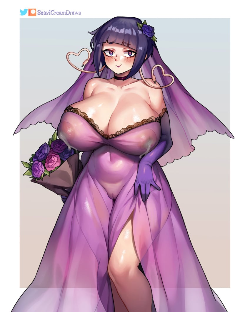 absurdres alternate_breast_size big_breasts boku_no_hero_academia breasts female flower highres huge_breasts jirou_kyouka kyoka_jiro lactation large_breasts looking_at_viewer my_hero_academia navel nightgown nipples plump purple_hair pussy short_hair smile solo stomach suavicreamdraws thighs veil wide_hips