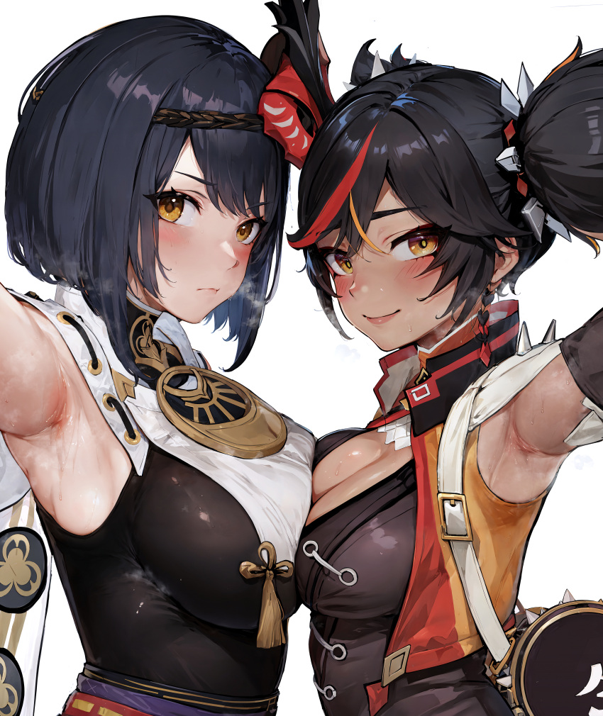 2girls ai_generated arm_up armpits asymmetrical_docking bangs bird_mask black_bodysuit black_hair blush bodysuit braid breast_curtain breast_press breasts breath cleavage closed_mouth clothing_cutout dark-skinned_female dark_skin earrings from_side genshin_impact gold_trim hair_between_eyes hair_ornament japanese_clothes jewelry kimono kujou_sara large_breasts lips looking_at_viewer mask mask_on_head medium_breasts multicolored_hair multiple_girls red_hair red_mask sash shirt short_hair short_twintails simple_background sleeveless smell smile spikes stable_diffusion steam steaming_body sweat swept_bangs tassel upper_body white_background xinyan_(genshin_impact) xinyandegen yellow_eyes