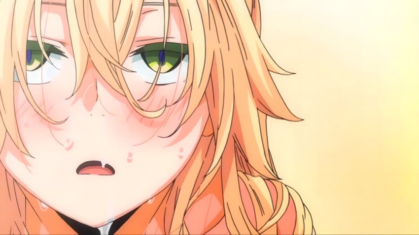 1girls blank_eyes blank_stare blonde_female blonde_hair blush cum_on_face exhausted female finished goddess green_eyes isekai_kita_no_de_sukebe_skill_de_zenryoku_ouka_shiyou_to_omou_the_animation o_face open_mouth screencap sweat sweating sweaty_face