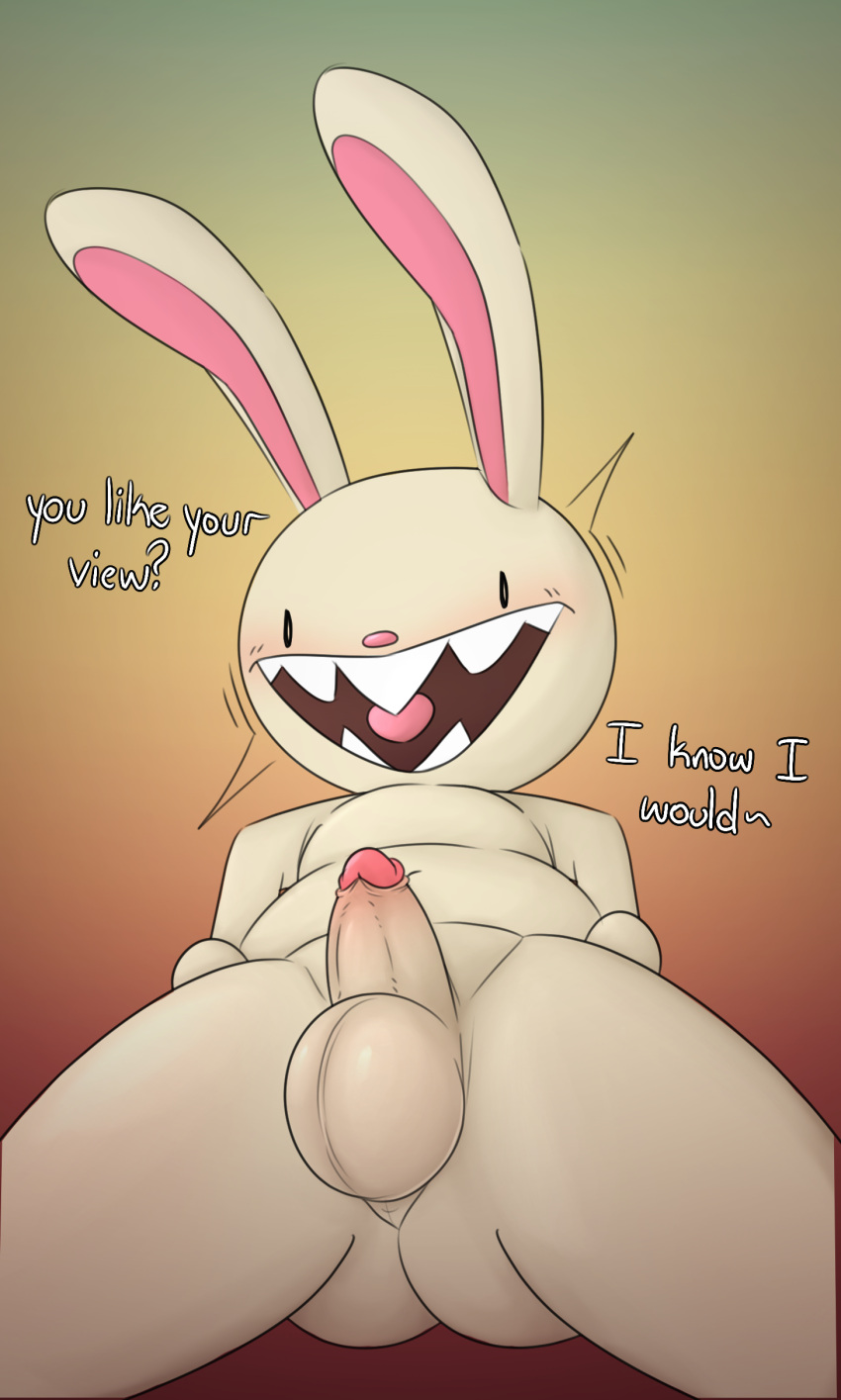 absurd_res anthro ass balls blush chunknudies dialogue digital_media_(artwork) english_text erection fur genitals hi_res humanoid_genitalia humanoid_penis lagomorph leporid looking_at_viewer low-angle_view male male_only mammal max_(sam_and_max) nude open_mouth penis rabbit sam_and_max simple_background smile solo teeth text white_body white_fur worm's-eye_view