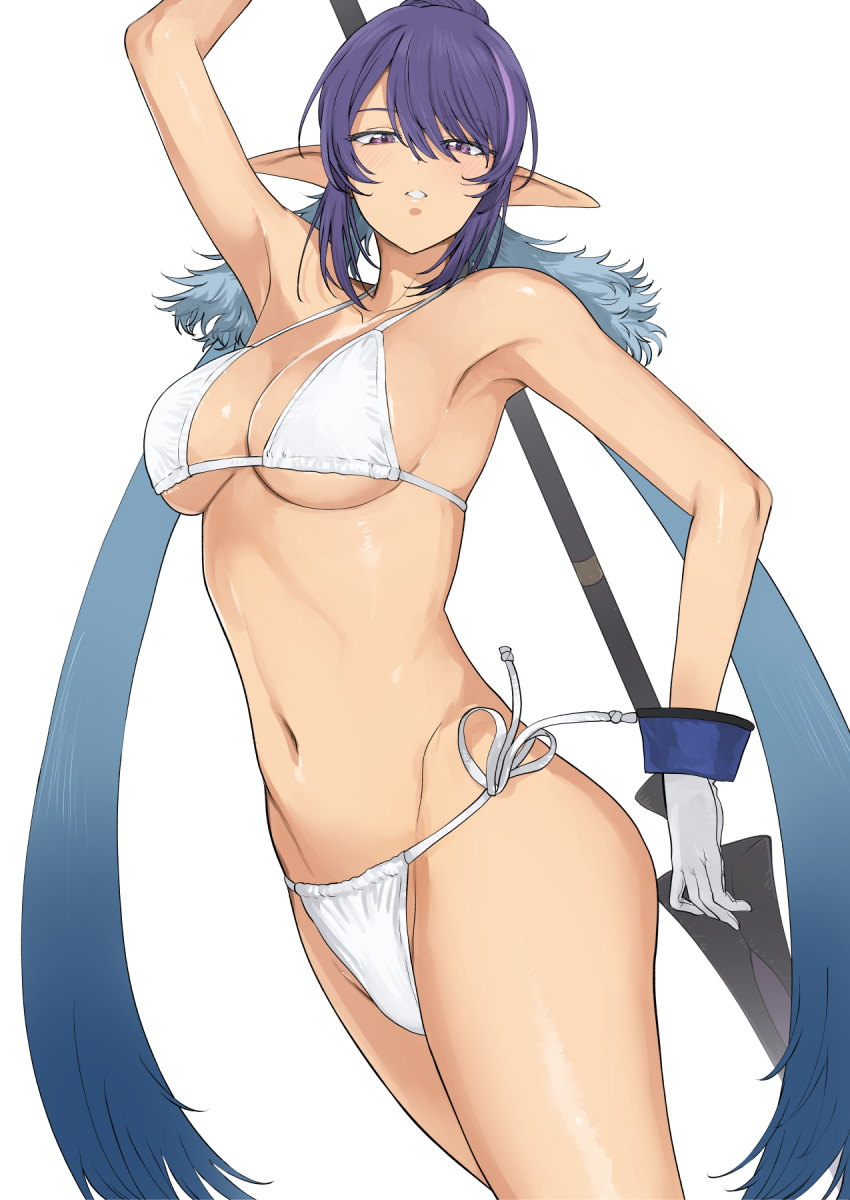 1girls 2023 armpits bare_legs bare_shoulders bare_thighs belly belly_bulge belly_button bra elf_ears gloves judith long_ears looking_at_viewer medium_breasts panties purple_hair short_hair slender_waist solo solo_focus spear swimsuit tales_of_(series) tales_of_vesperia thighs tsurui underwear underwear_only white_background