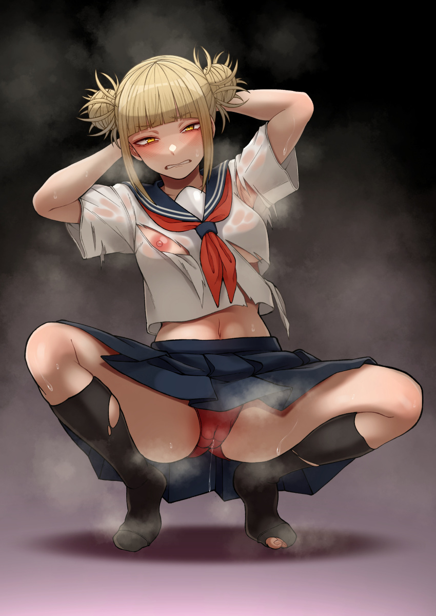 black_socks boku_no_hero_academia dripping_wet himiko_toga knee_socks kneehighs kneesocks kobaji my_hero_academia nipples panties socks spread_legs toga_himiko torn_shirt