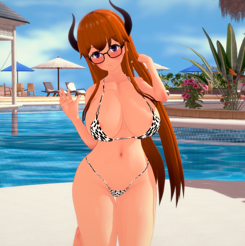 big_breasts big_butt cow_girl cow_girl_outfit cow_print cow_print_bikini glasses hidekimotto horns koikatsu large_breasts light_skin long_hair looking_at_viewer orange_hair partially_visible_nipples persona persona_5 pinup poolside purple_eyes resort sakura_futaba sunny thick_ass thick_thighs