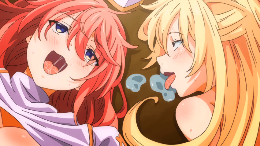 2girls animated blonde_female blonde_hair blue_eyes blush cum_on_ground female goddess isekai_kita_no_de_sukebe_skill_de_zenryoku_ouka_shiyou_to_omou_the_animation long_hair multiple_girls pink_pineapple red_hair satisfied satisfied_look screenshot shion_(animation_studio) sweat sweating tongue tongue_out