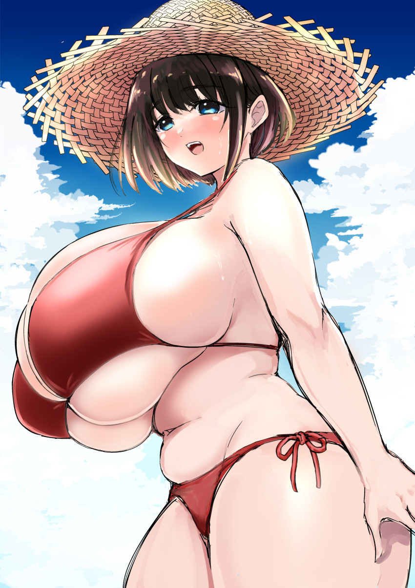 bikini black_hair blue_eyes doodle gigantic_breasts short_hair sketch_lines skindentation slightly_chubby slightly_chubby_female straw_hat