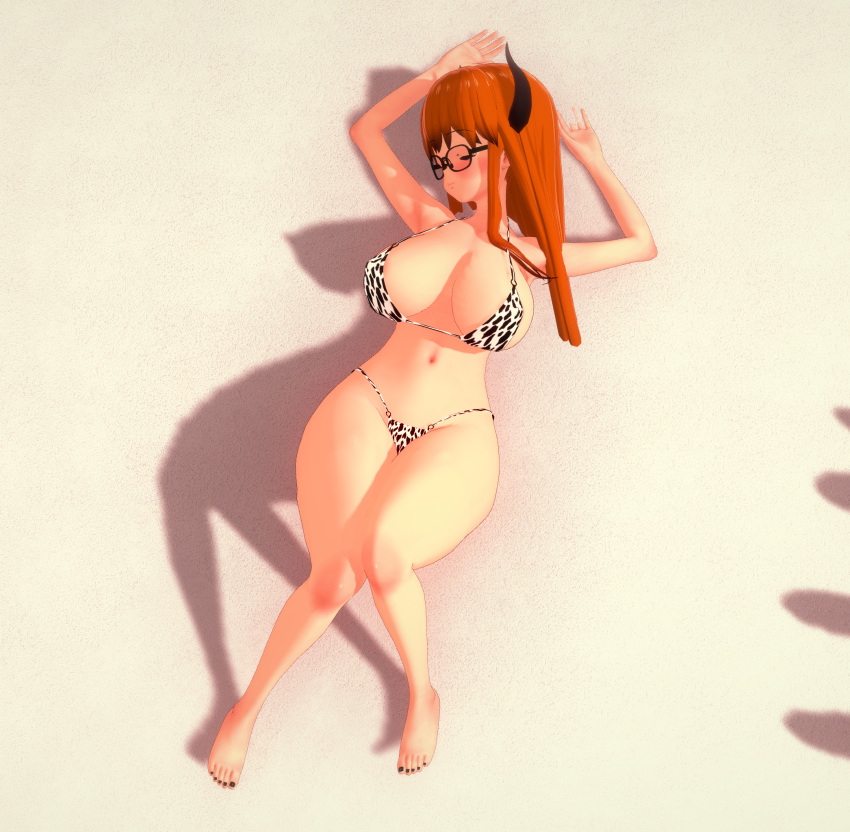 big_breasts big_butt cow_girl cow_girl_outfit cow_print cow_print_bikini glasses hidekimotto horns koikatsu large_breasts light_skin long_hair looking_at_viewer orange_hair partially_visible_nipples persona persona_5 pinup poolside purple_eyes resort sakura_futaba sunny thick_ass thick_thighs