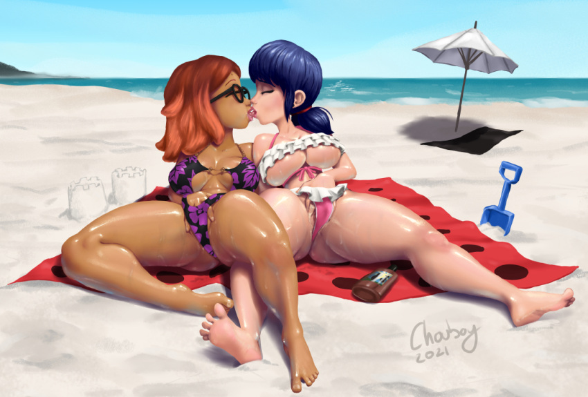 2021 2girls alya_cesaire artist_name beach big_breasts blue_hair brown_hair chouboy female female_only fingering glasses kissing kissing_while_masturbating lesbian marinette_dupain-cheng masturbating masturbation miraculous:_tales_of_ladybug_and_cat_noir miraculous_ladybug mutual_masturbation swimsuit yuri