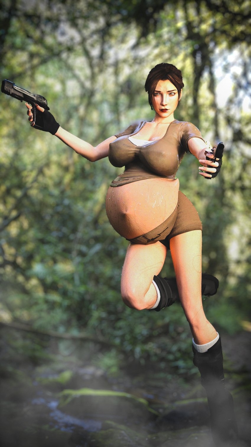 1girls 3d belly big_belly big_breasts breasts brown_hair cleavage erect_nipples female lara_croft lara_croft_(l.a.u.) large_breasts nipple_bulge outie_navel preggmaster pregnant solo tomb_raider tomb_raider_(l.a.u.)