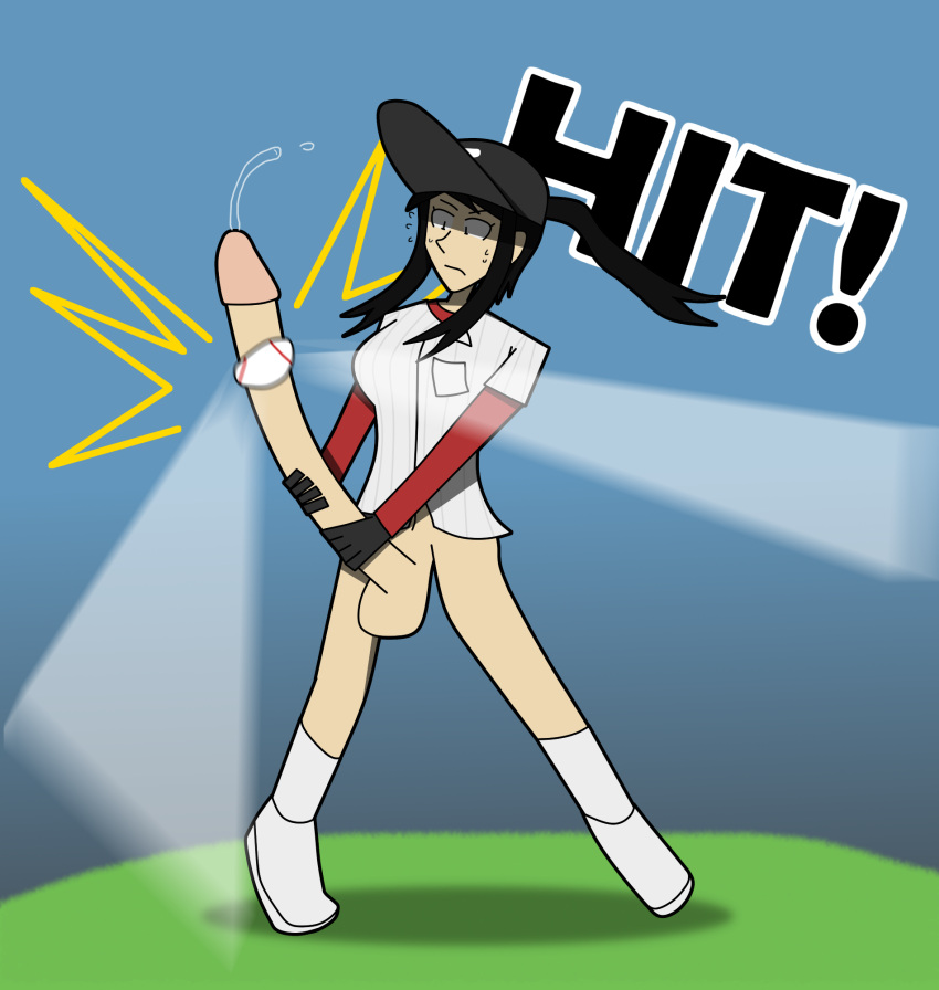 1futa baseball baseball_(ball) baseball_(sport) baseball_cap baseball_uniform big_boobs big_breasts big_tits black_hair crash2262 funny futa futa_only futanari grabbing_penis holding_penis light-skinned_futanari light_skin long_hair long_penis long_ponytail no_panties no_pants nude_futanari original_character precum precum_drip public_exposure public_nudity sweat sweatdrop sweating tagme