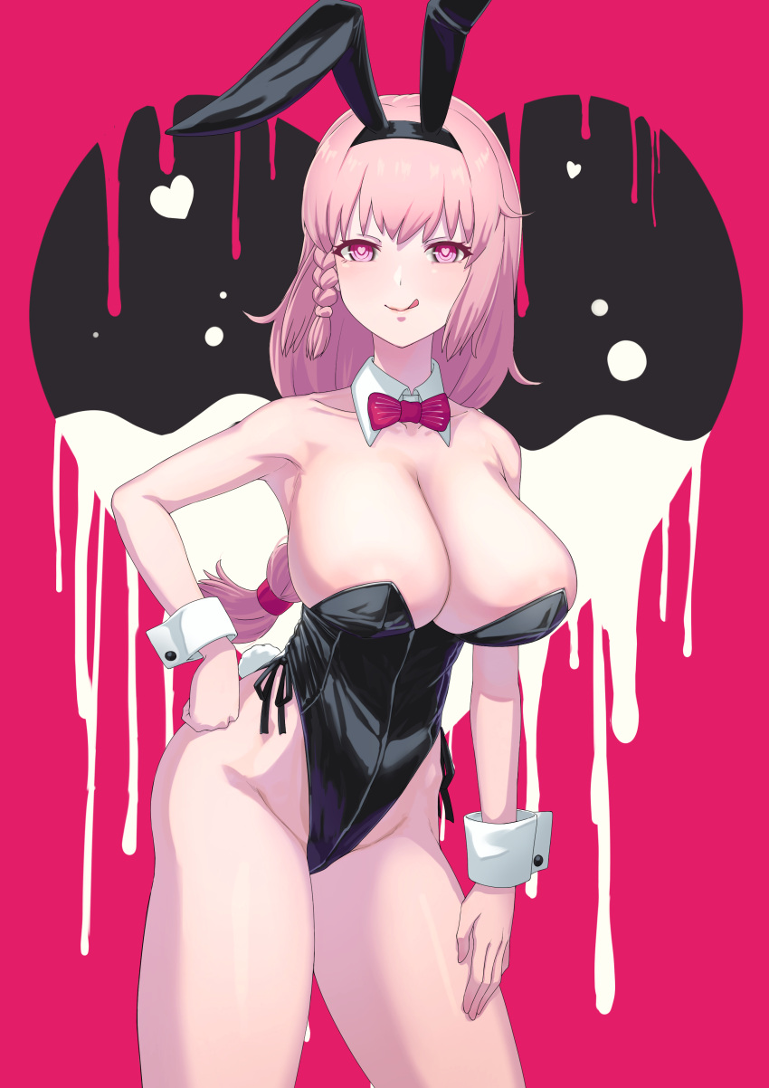 1girls areola_slip areolae ayla_(punishing:_gray_raven) blush bunny_ears bunnysuit female female_focus female_only huge_breasts kirihodashi large_breasts licking_lips medium_hair pink_eyes pink_hair punishing:_gray_raven robot robot_girl solo