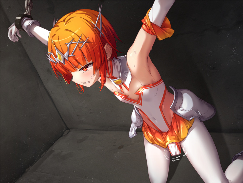 1girls angry armpits bondage chains defeated female hairband knight_armor magical_girl orange_eyes orange_hair original purinpu restrained sex_toy short_hair skirt tight_clothing vibrator vibrator_in_pussy vibrator_under_clothes vibrator_under_panties white_legwear