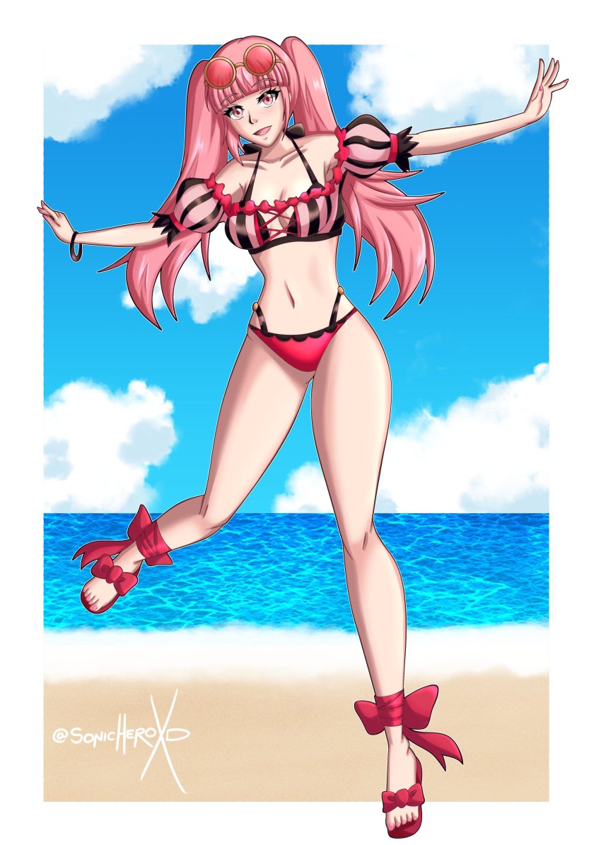 1girls alternate_costume ass_visible_through_thighs bangs bare_legs beach bikini breasts cleavage eyewear_on_head female female_only fire_emblem fire_emblem:_three_houses fire_emblem_heroes hilda_valentine_goneril hilda_valentine_goneril_(summer) jumping long_hair medium_breasts nintendo ocean official_alternate_costume outdoors pink_bikini pink_eyes pink_hair pink_swimsuit sand smile solo sonicheroxd sunglasses swimsuit twintails