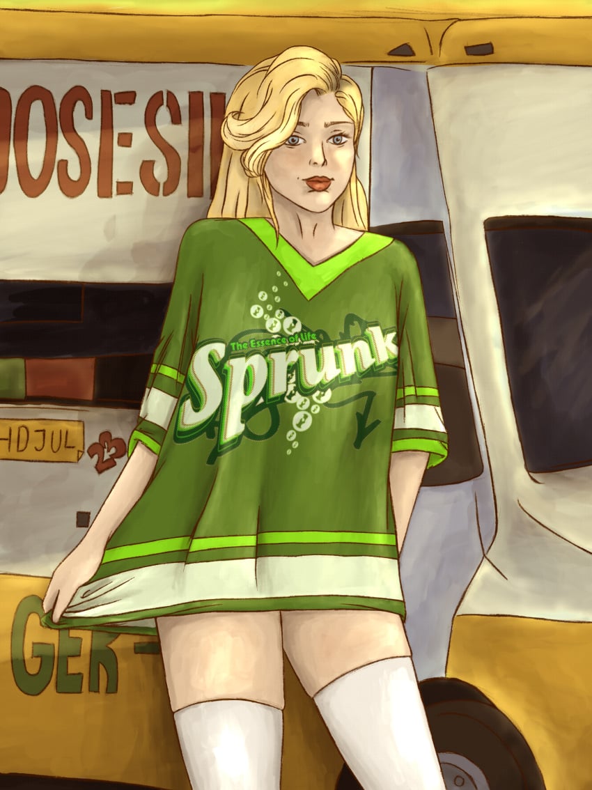 2d andi_jones blonde_hair blue_eyes clothed commission grand_theft_auto grand_theft_auto_online grand_theft_auto_v horrificdgn illustration nopixel outdoors outside oversized_clothes public thighhighs thighs