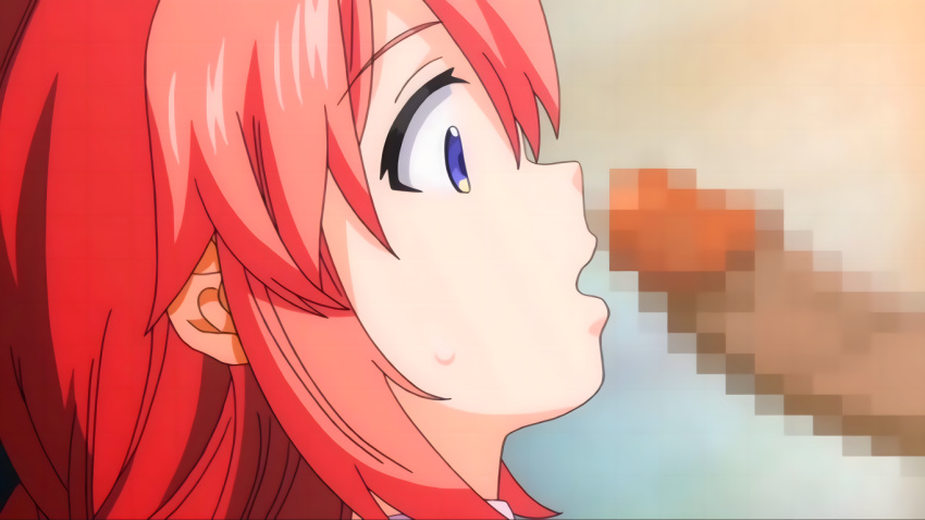 1boy 1girls big_penis blue_eyes censored female isekai_kita_no_de_sukebe_skill_de_zenryoku_ouka_shiyou_to_omou_the_animation looking_at_penis penis penis_to_mouth red_hair screencap seijo_(akino_sora) shion_(animation_studio) suprised suprised_look teenage_girl teenager young