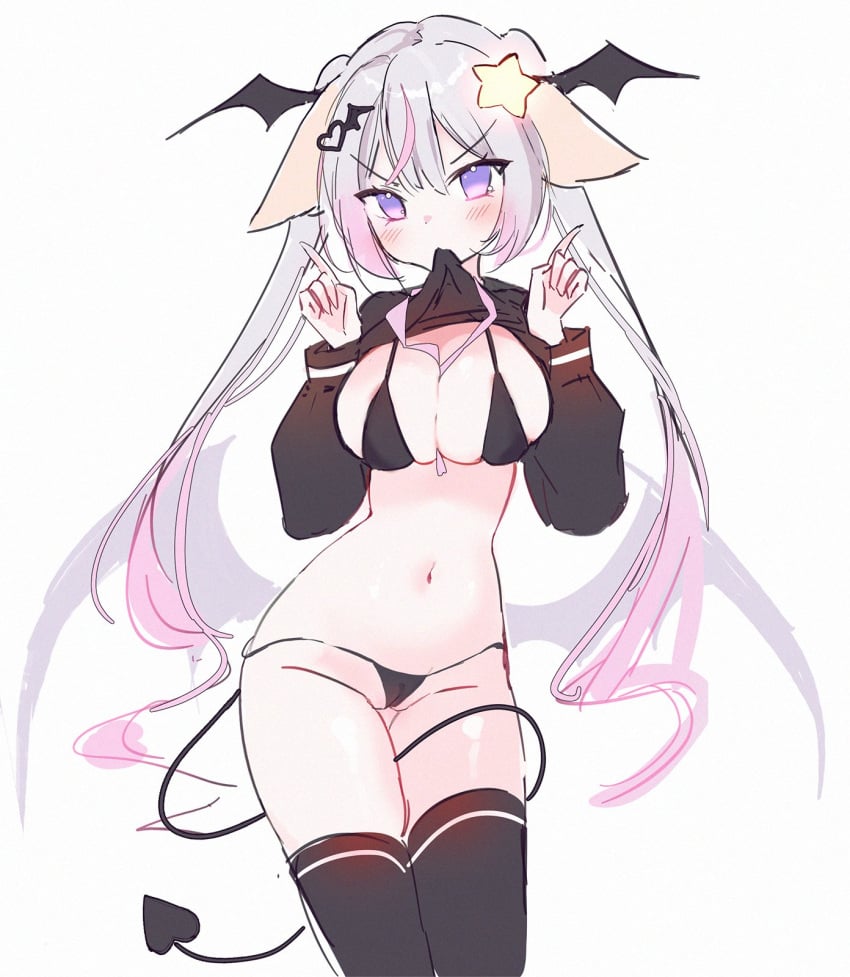 1girls animal_ears anny_(artist) annytf big_breasts black_legwear blush female fox_ears fox_girl hair_ornament heart_tail hi_res lifted_by_self lifting_shirt long_hair looking_at_viewer pose smooth_skin solo solo_female succubus tail thick_thighs thong twintails underwear virtual_youtuber voluptuous voluptuous_female wings wings_on_head