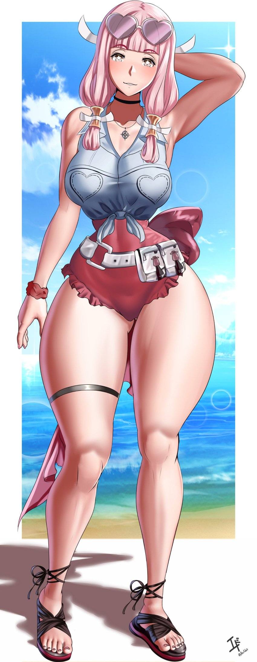 1girls alternate_costume arcedo armpits ass_visible_through_thighs bangs bare_legs bare_thighs beach bikini breasts brown_eyes choker eyewear_on_head female female_only fire_emblem fire_emblem_fates heart-shaped_eyewear hourglass_figure large_breasts legwear medium_hair mitama_(fire_emblem) necklace nintendo ocean outdoors pink_hair smile solo star-shaped_pupils sunglasses sunglasses_on_head swimsuit symbol-shaped_pupils thick_thighs thighs wide_hips