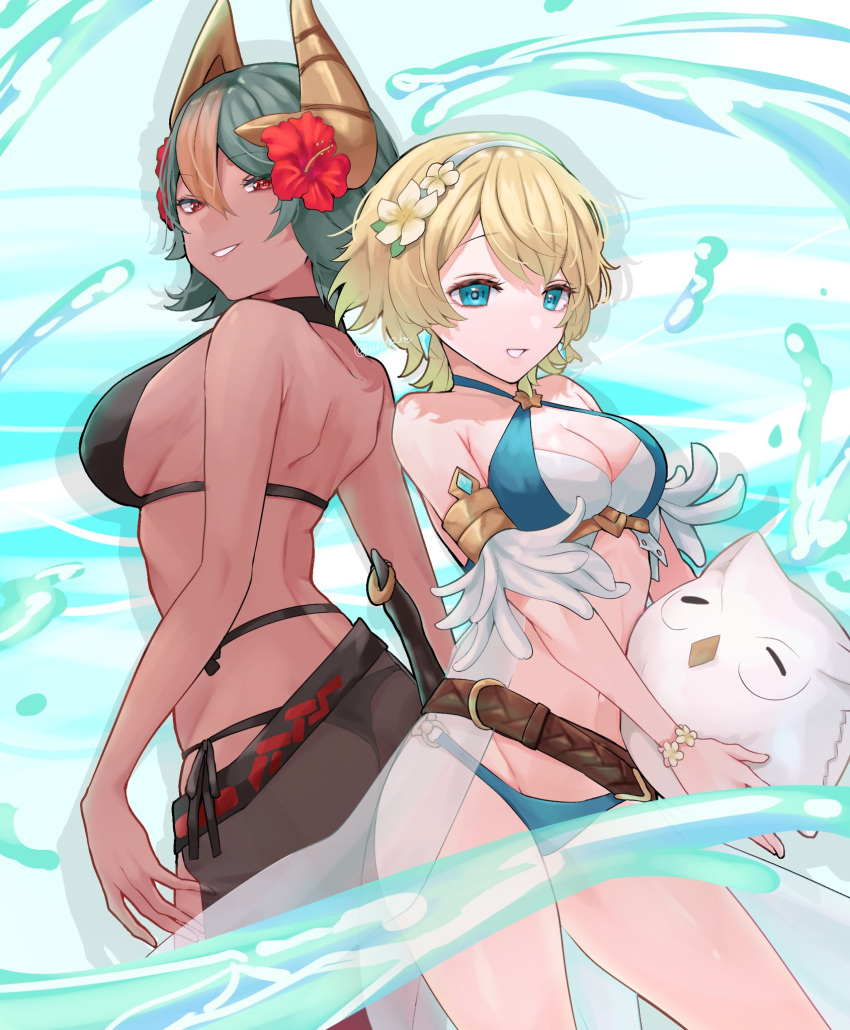 2girls alternate_costume ass back-to-back bikini black_one-piece_swimsuit black_swimsuit blue_bikini blue_eyes blue_swimsuit breasts character_doll criss-cross_halter dark-skinned_female dark_skin fake_horns feather_trim feh_(fire_emblem_heroes) female female_only fire_emblem fire_emblem_heroes fjorm_(fire_emblem) fjorm_(summer)_(fire_emblem) flower green_hair hair_flower hair_ornament halterneck highres horns inflatable_toy laegjarn_(fire_emblem) laegjarn_(summer)_(fire_emblem) large_breasts medium_breasts multicolored_hair multiple_girls nintendo official_alternate_costume one-piece_swimsuit orange_hair red_eyes sakura_no_yoru sarong short_hair smile swimsuit teeth