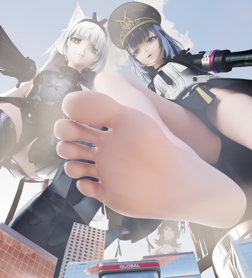 2girls 3d alisa_(punishing:_gray_raven) blue_eyes blue_hair feet foot_fetish fully_clothed giantess long_hair lucia_(punishing:_gray_raven) no.21 panties punishing:_gray_raven robot_girl steam stomping white_hair