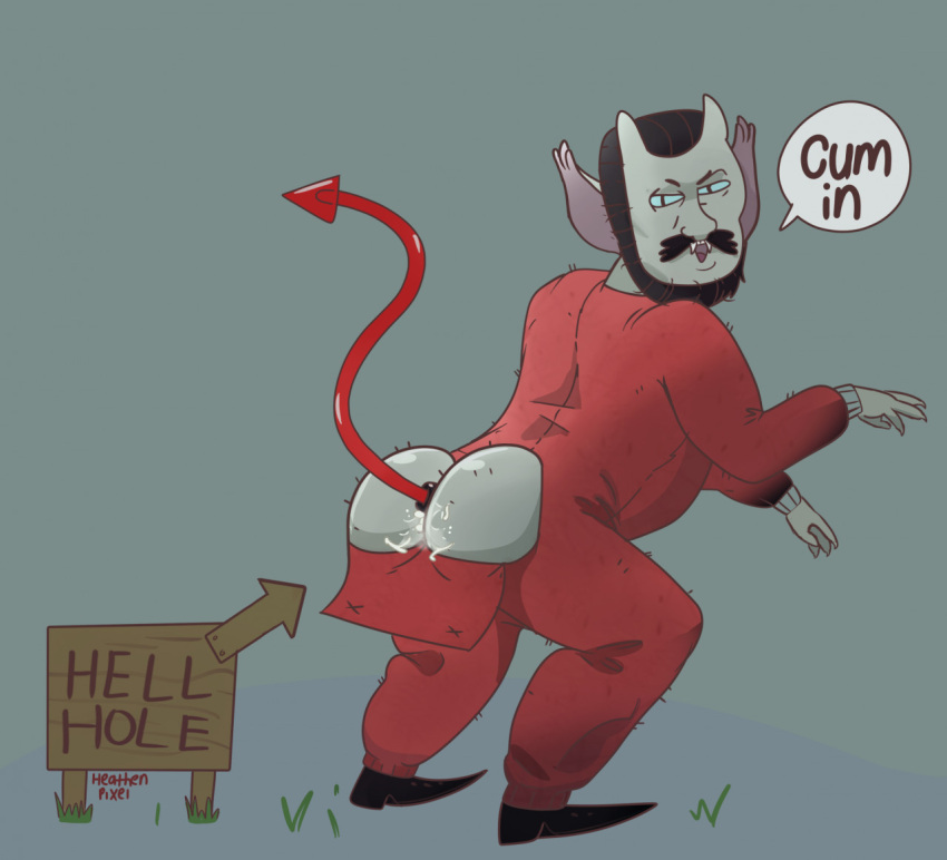 1boy 2_horns adventure_time anal anal_sex ass beard bodily_fluids buttplug buttplug_in_ass buttplug_insertion buttplug_tail cartoon_network clothed clothing cum cum_in_ass cum_inside dialogue facial_hair fake_tail fangs footwear gay genital_fluids heathenpixel hierophant_(adventure_time) horn humanoid humor looking_at_viewer looking_back looking_back_at_viewer male moustache not_furry object_in_ass onesie penetration plug_(sex_toy) plug_insertion prick_ears pun rabbitcretin sex_toy sex_toy_in_ass sex_toy_insertion shoes sign solo solo_male spade_tail speech_bubble tail teeth the_hierophant vampire