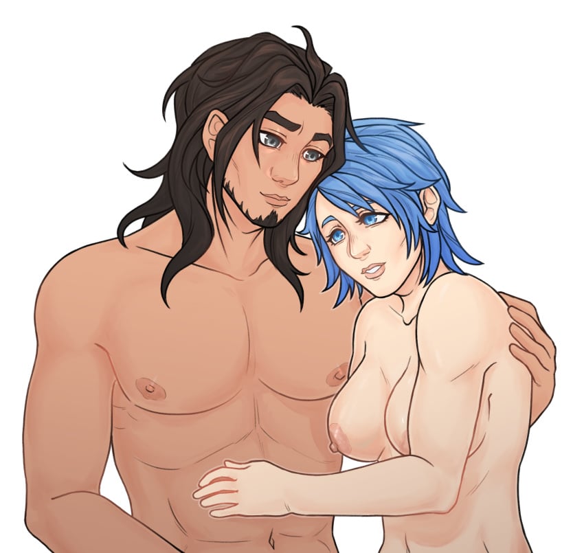 1boy1girl 1girls 1male aqua_(kingdom_hearts) arm_on_shoulder beard blue_eyes blue_hair brown_hair commission commissioner_upload crossover crossover_pairing crossover_shipping cuddling dark_brown_hair dunban_(xenoblade) gray_eyes hugging kingdom_hearts kingdom_hearts_birth_by_sleep large_breasts messy_hair muscular muscular_male nipples shirtless smile smiling strip_poker_night_at_the_inventory topless transparent_background xemoness xenoblade_(series) xenoblade_chronicles