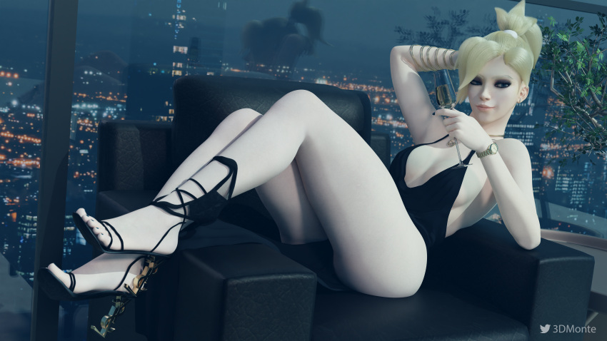 3d 3dmonte big_breasts black_dress blonde_hair champagne_glass designer_clothing dress heels looking_away mercy overwatch overwatch_2 panties_down sitting solo solo_female